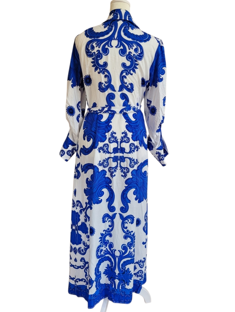 1.STATE Blue White Baroque Print Maxi Shirt Dress Belted Boho Resort Sz S - Picture 5 of 9